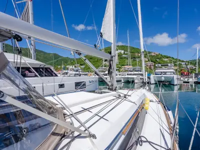 Deck of Off The Clock, a Jeanneau Sun Odyssey 349 sailboat at Road Town, British Virgin Islands