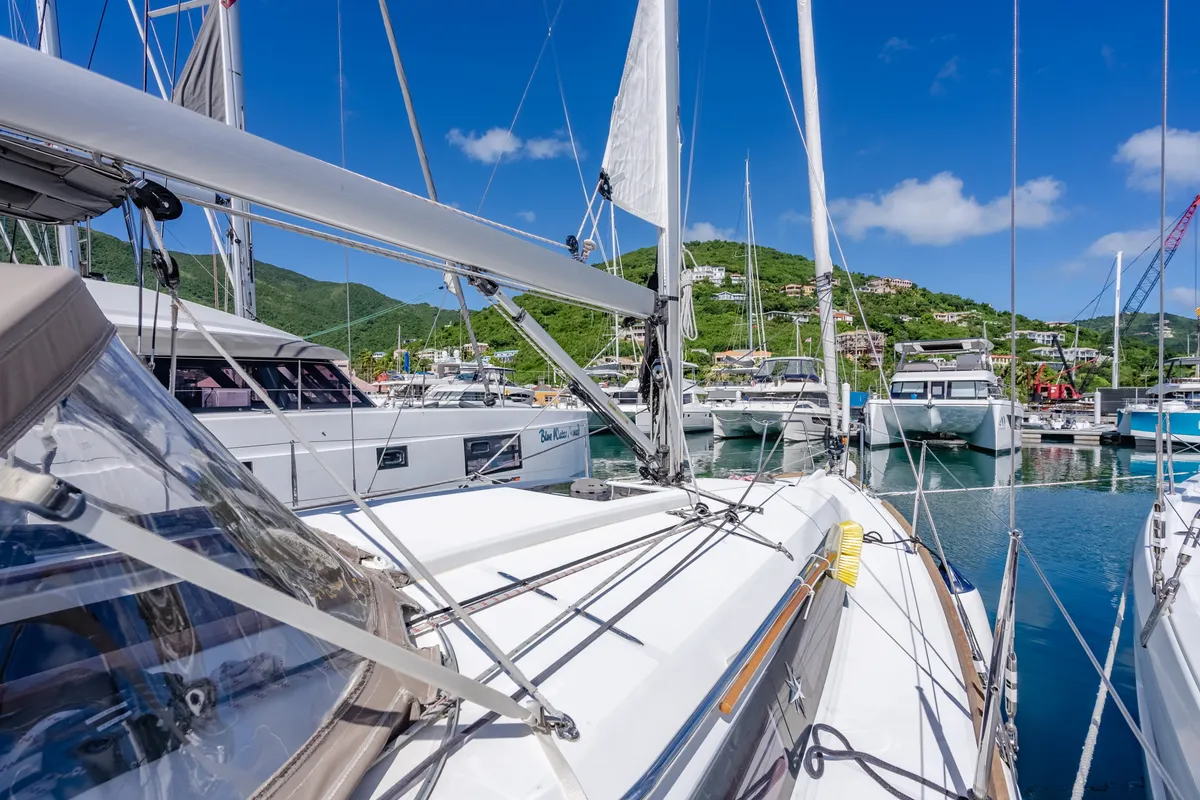Deck of Off The Clock, a Jeanneau Sun Odyssey 349 sailboat at Road Town, British Virgin Islands