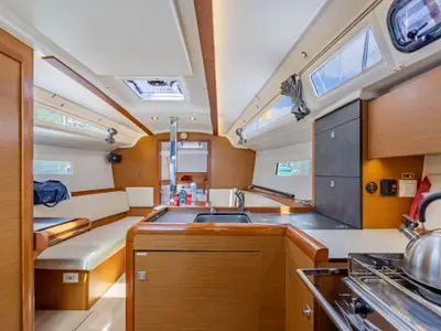 Galley of Off The Clock, a Jeanneau Sun Odyssey 349 sailboat at Road Town, British Virgin Islands