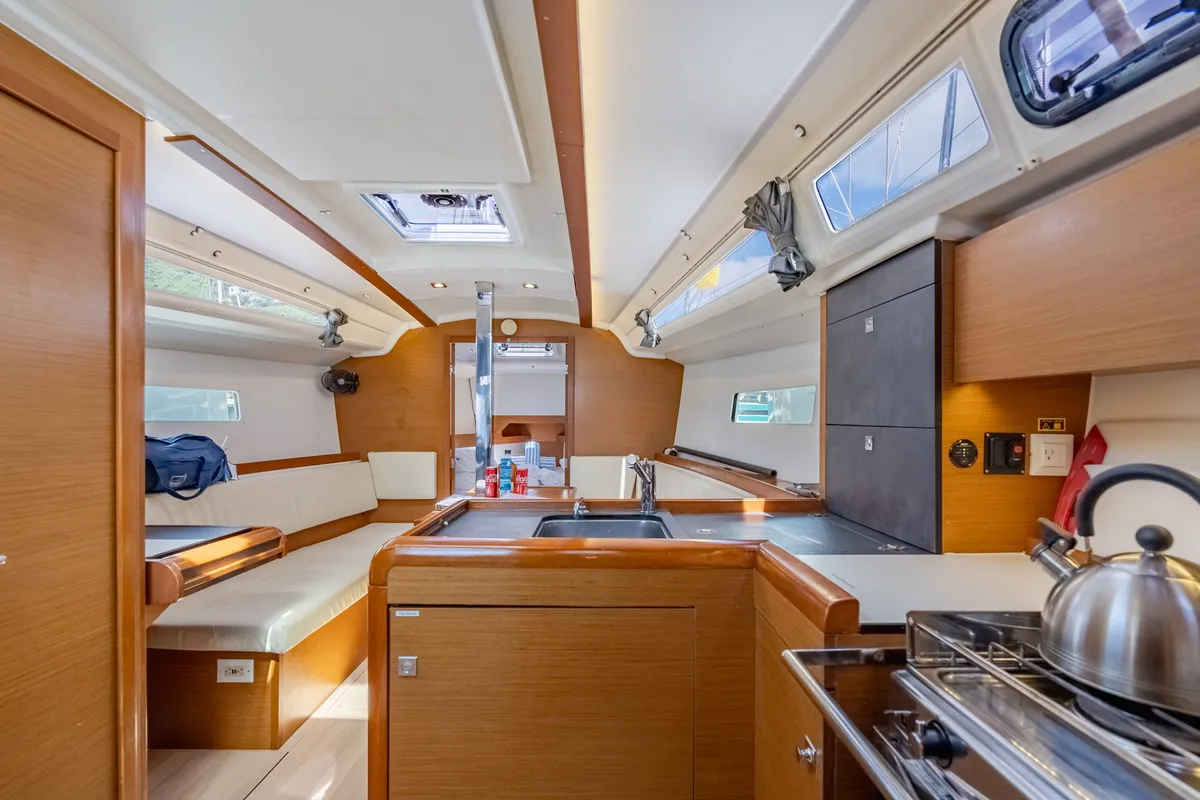 Galley of Off The Clock, a Jeanneau Sun Odyssey 349 sailboat at Road Town, British Virgin Islands