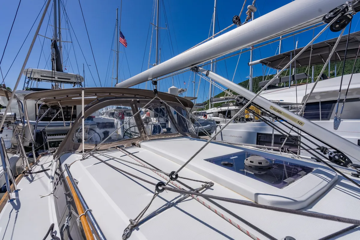 Deck of Off The Clock, a Jeanneau Sun Odyssey 349 sailboat at Road Town, British Virgin Islands
