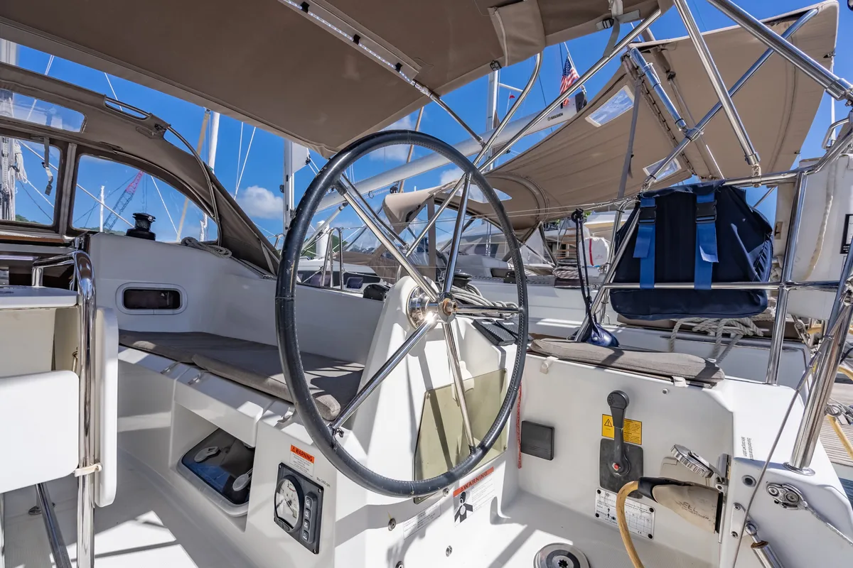 Cockpit of Off The Clock, a Jeanneau Sun Odyssey 349 sailboat at Road Town, British Virgin Islands