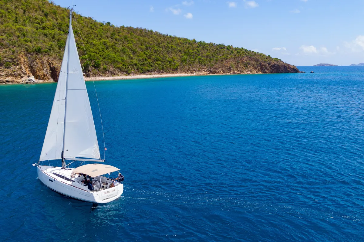 Exterior view of Off The Clock, a Jeanneau Sun Odyssey 349 sailboat at Road Town, British Virgin Islands