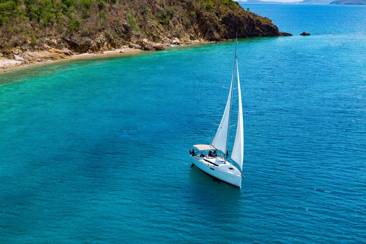 Exterior view of Off The Clock, a Jeanneau Sun Odyssey 349 sailboat at Road Town, British Virgin Islands
