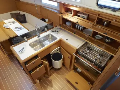 Galley of Agios Georgios, a Jeanneau Sun Odyssey 389 sailboat at Kontokali, Greece
