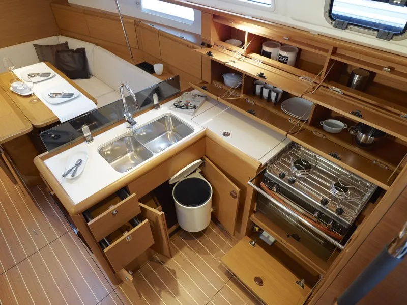Galley of Agios Georgios, a Jeanneau Sun Odyssey 389 sailboat at Kontokali, Greece