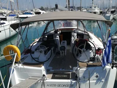 Cockpit of Agios Georgios, a Jeanneau Sun Odyssey 389 sailboat at Kontokali, Greece
