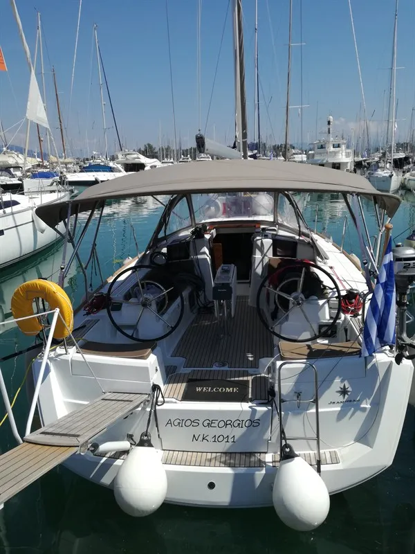 Cockpit of Agios Georgios, a Jeanneau Sun Odyssey 389 sailboat at Kontokali, Greece