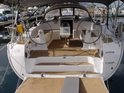 Cockpit of Astra, a Bavaria Cruiser 51 sailboat at Olbia, Italy