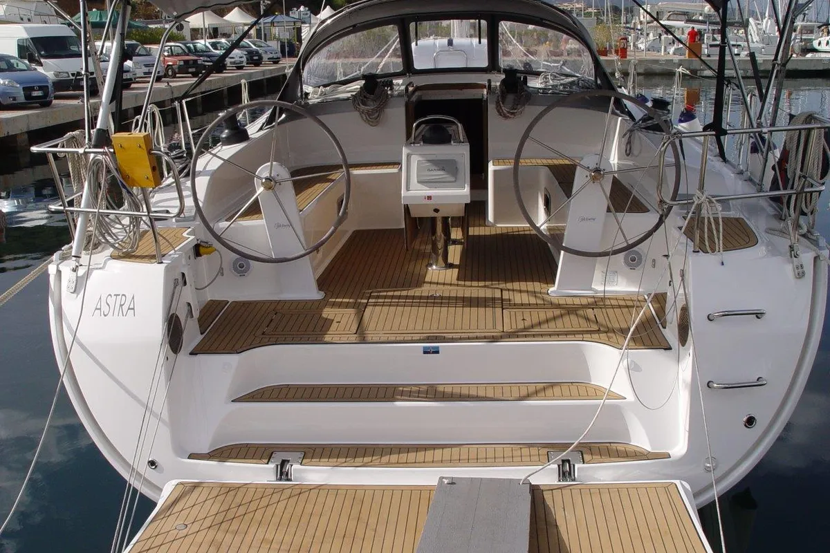 Cockpit of Astra, a Bavaria Cruiser 51 sailboat at Olbia, Italy