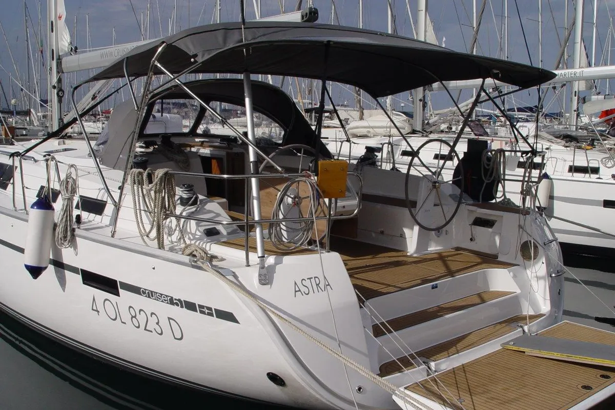 Exterior view of Astra, a Bavaria Cruiser 51 sailboat at Olbia, Italy