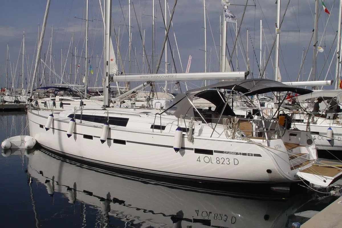 Exterior view of Astra, a Bavaria Cruiser 51 sailboat at Olbia, Italy
