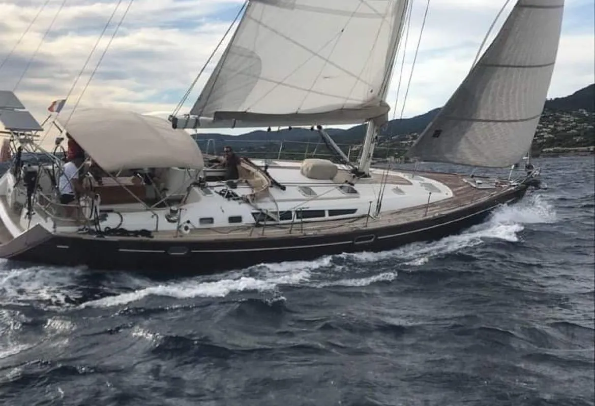 Exterior view of Rubra, a Jeanneau Sun Odyssey 49 sailboat at Toulon, France