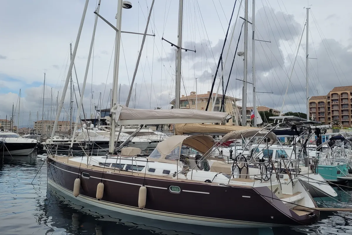 Exterior view of Rubra, a Jeanneau Sun Odyssey 49 sailboat at Toulon, France