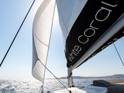 White Coral, a Fountaine Pajot 47 catamaran at Platys Gialos, Greece