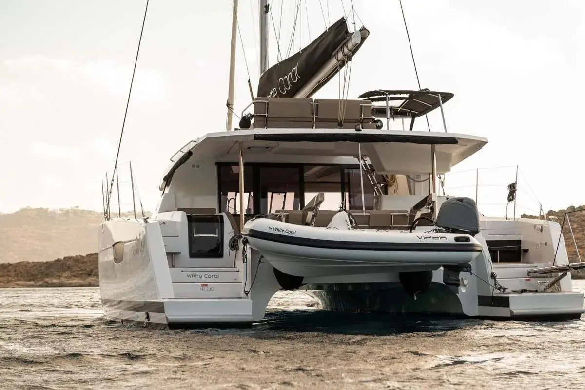 White Coral, a Fountaine Pajot 47 catamaran at Platys Gialos, Greece