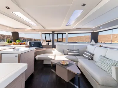 Salon of White Coral, a Fountaine Pajot 47 catamaran at Platys Gialos, Greece