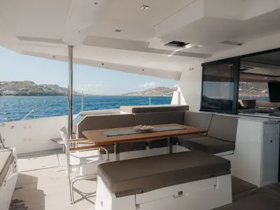 White Coral, a Fountaine Pajot 47 catamaran at Platys Gialos, Greece