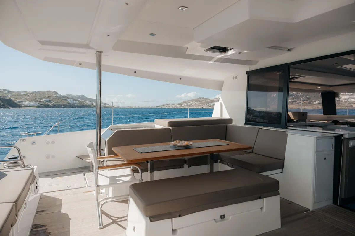 White Coral, a Fountaine Pajot 47 catamaran at Platys Gialos, Greece