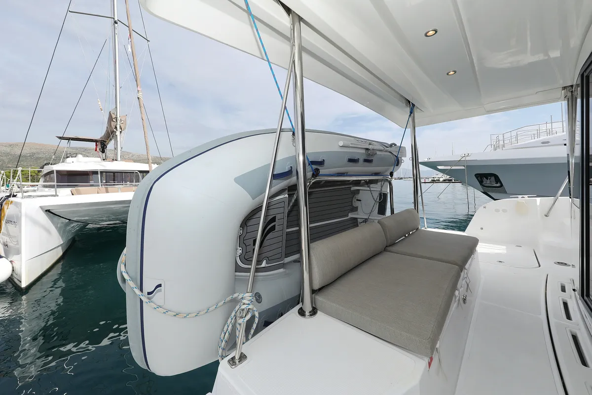 Deck of Hi Friends, a Bali Catspace catamaran at Grad Trogir, Croatia