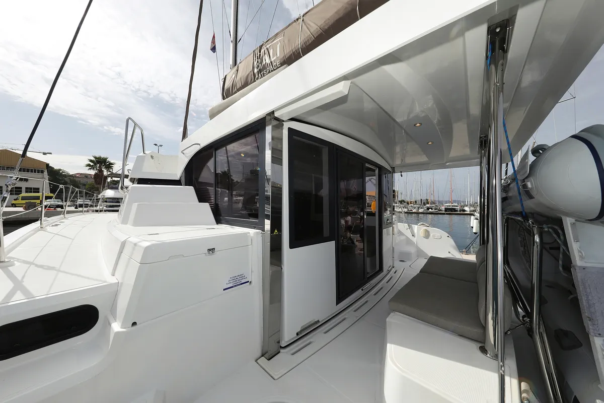 Deck of Hi Friends, a Bali Catspace catamaran at Grad Trogir, Croatia
