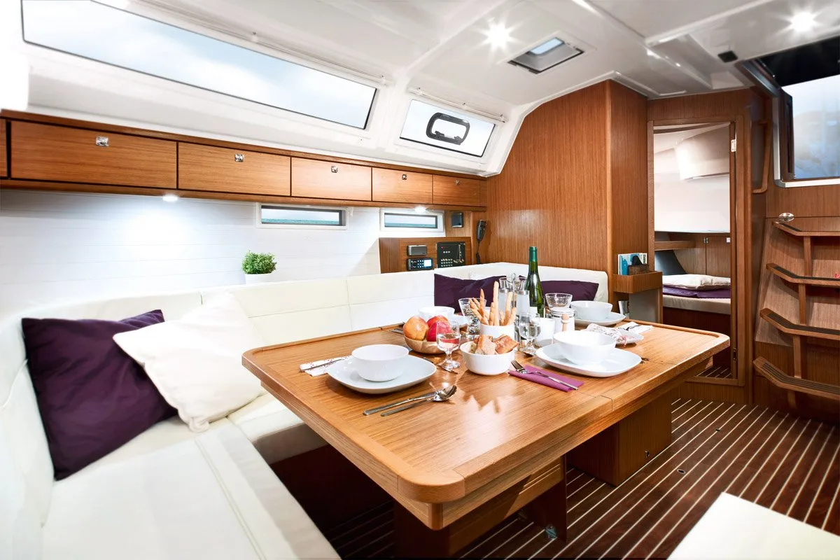 Salon of Miber Mars, a Bavaria Cruiser 46 sailboat at Fethiye, Turkey