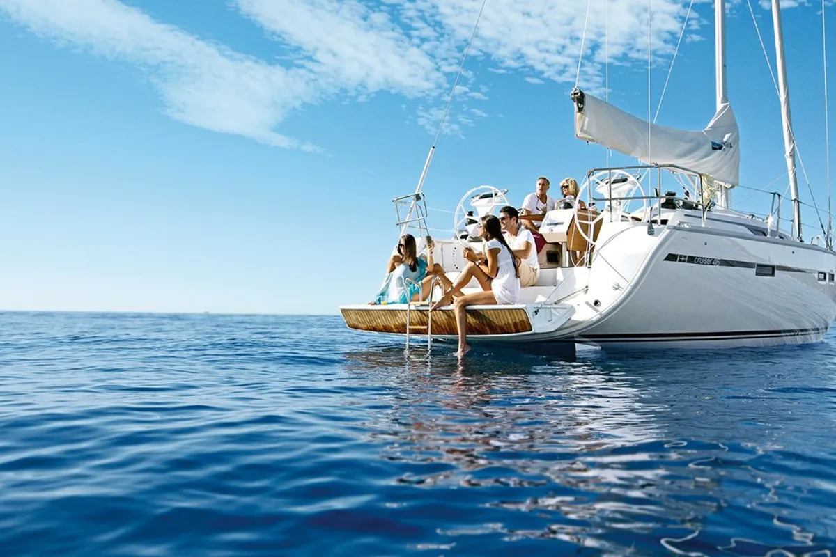 Deck of Miber Mars, a Bavaria Cruiser 46 sailboat at Fethiye, Turkey