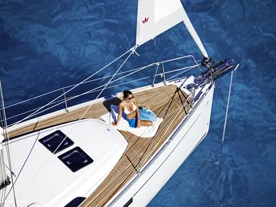 Deck of Miber Mars, a Bavaria Cruiser 46 sailboat at Fethiye, Turkey