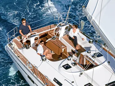 Cockpit of Miber Mars, a Bavaria Cruiser 46 sailboat at Fethiye, Turkey