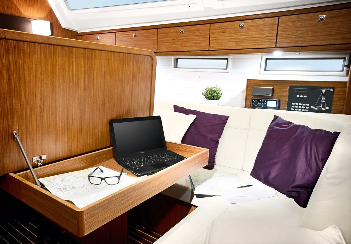 Salon of Miber Mars, a Bavaria Cruiser 46 sailboat at Fethiye, Turkey