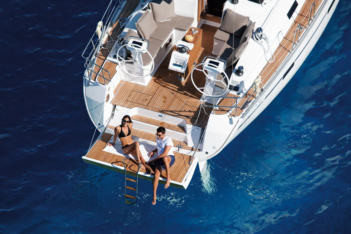 Deck of Miber Mars, a Bavaria Cruiser 46 sailboat at Fethiye, Turkey