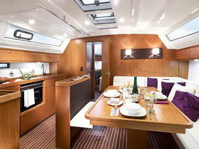 Salon of Miber Mars, a Bavaria Cruiser 46 sailboat at Fethiye, Turkey