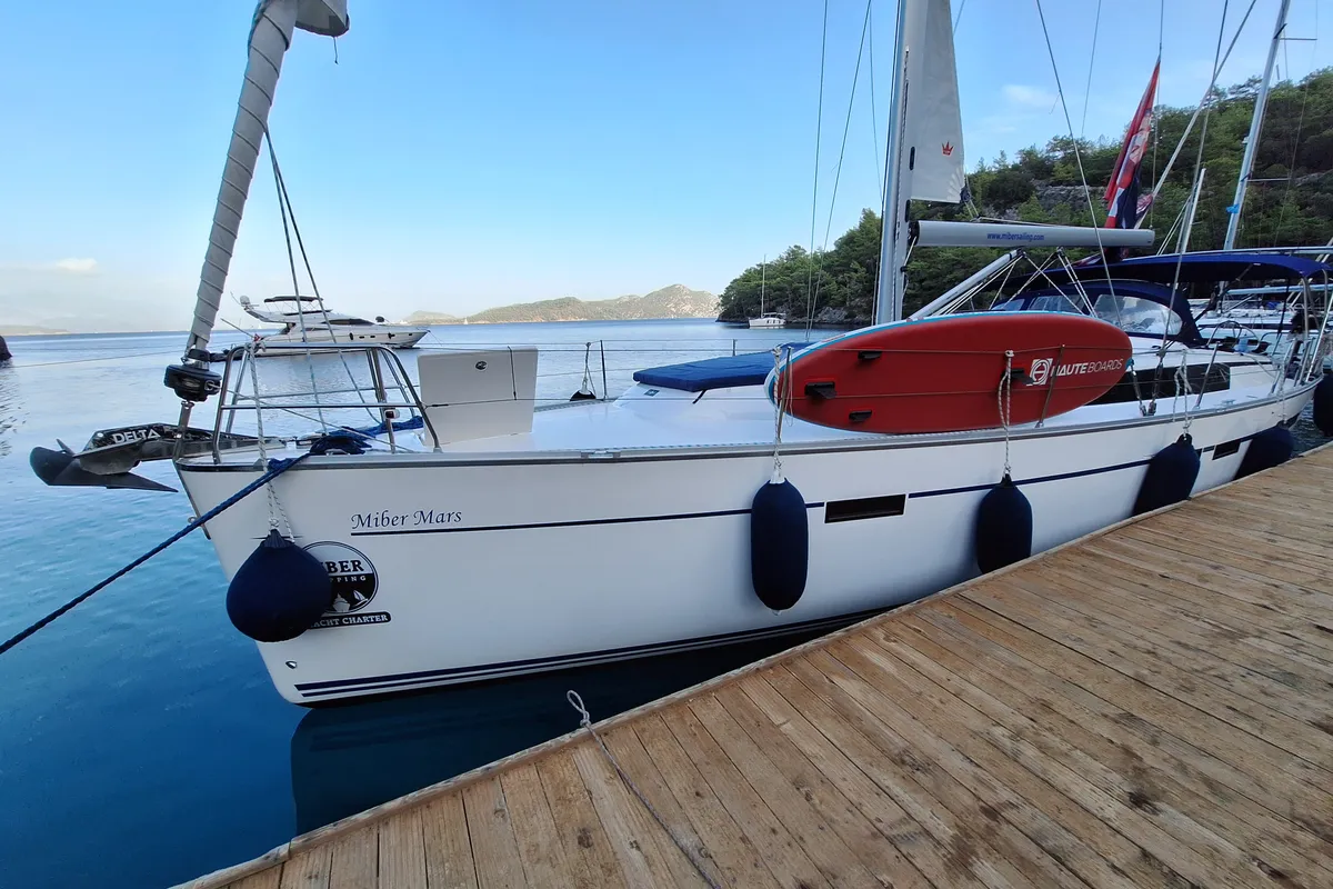 Exterior view of Miber Mars, a Bavaria Cruiser 46 sailboat at Fethiye, Turkey