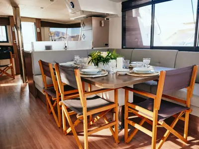 Salon of Ediba Taurus, a Bali 4.8 catamaran at Marmaris, Turkey