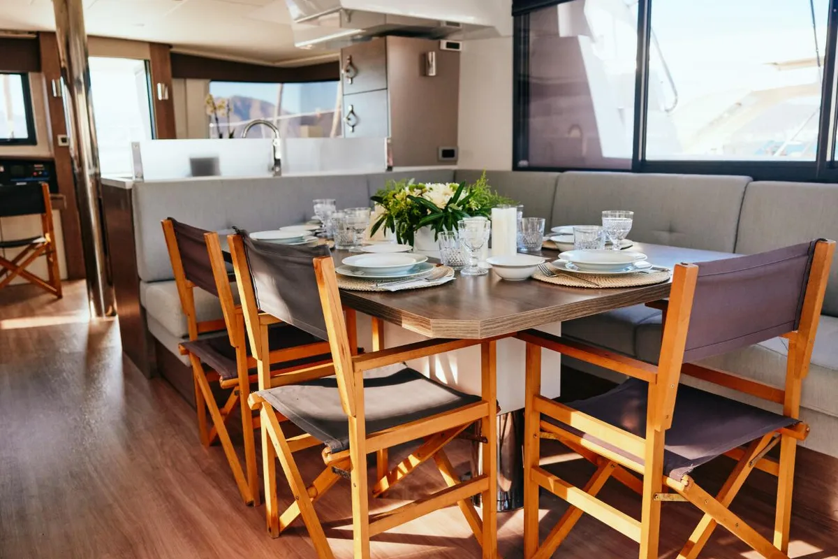 Salon of Ediba Taurus, a Bali 4.8 catamaran at Marmaris, Turkey