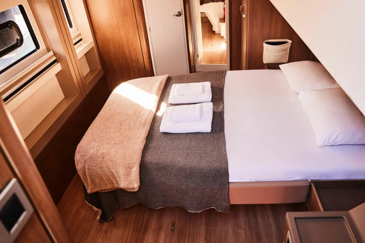 Cabin on Ediba Taurus, a Bali 4.8 catamaran at Marmaris, Turkey
