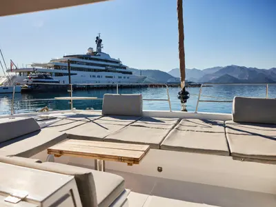 Deck of Ediba Taurus, a Bali 4.8 catamaran at Marmaris, Turkey