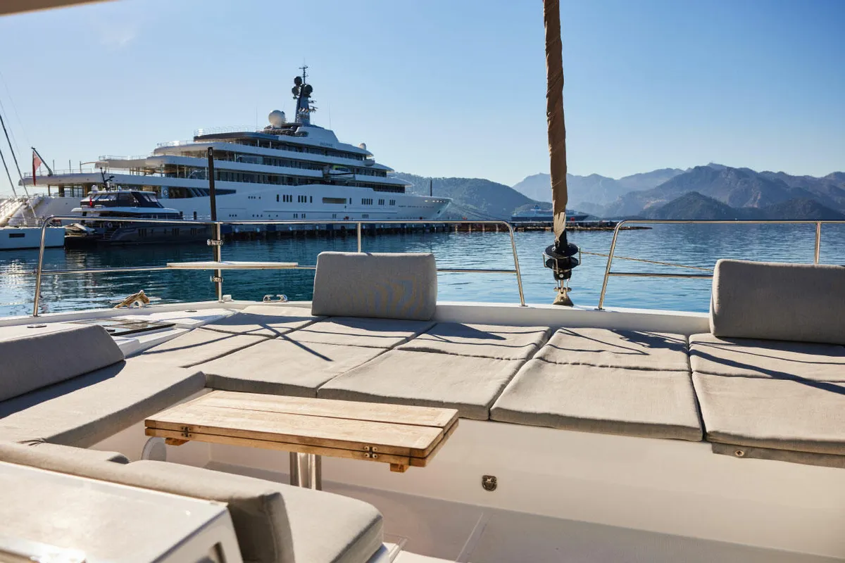 Deck of Ediba Taurus, a Bali 4.8 catamaran at Marmaris, Turkey