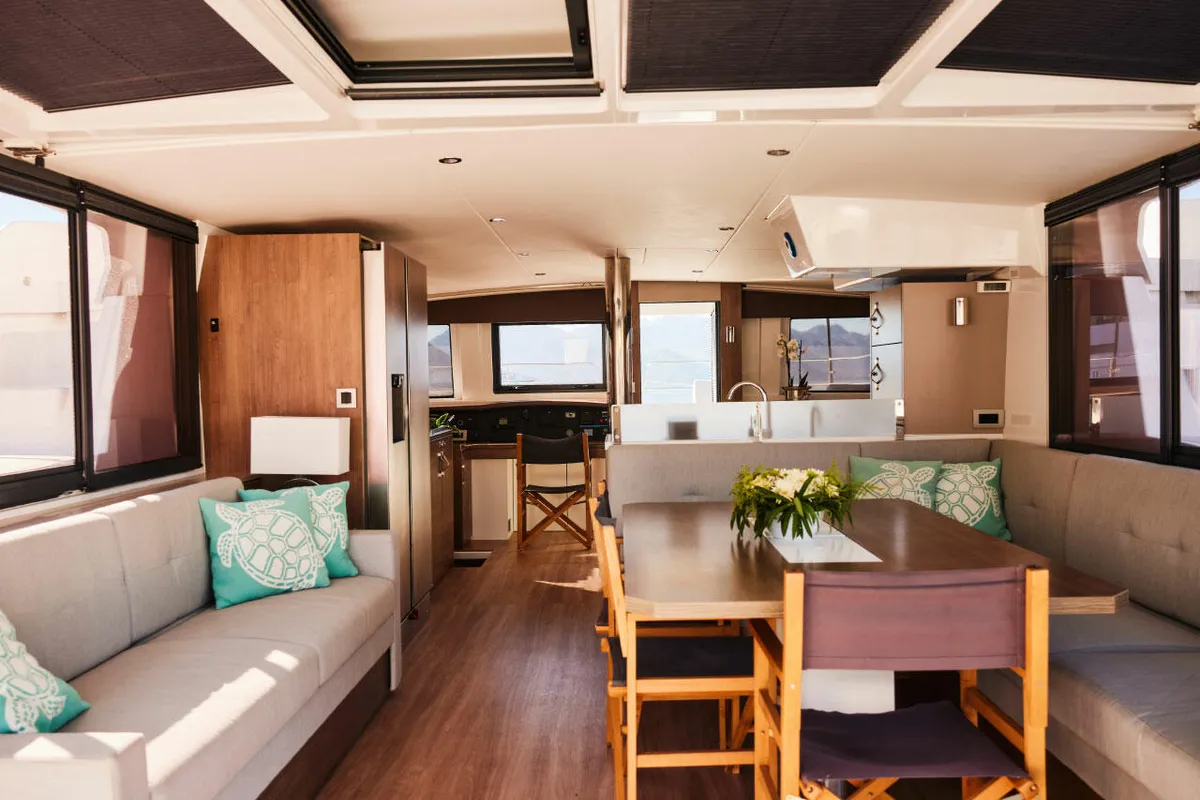 Salon of Ediba Taurus, a Bali 4.8 catamaran at Marmaris, Turkey