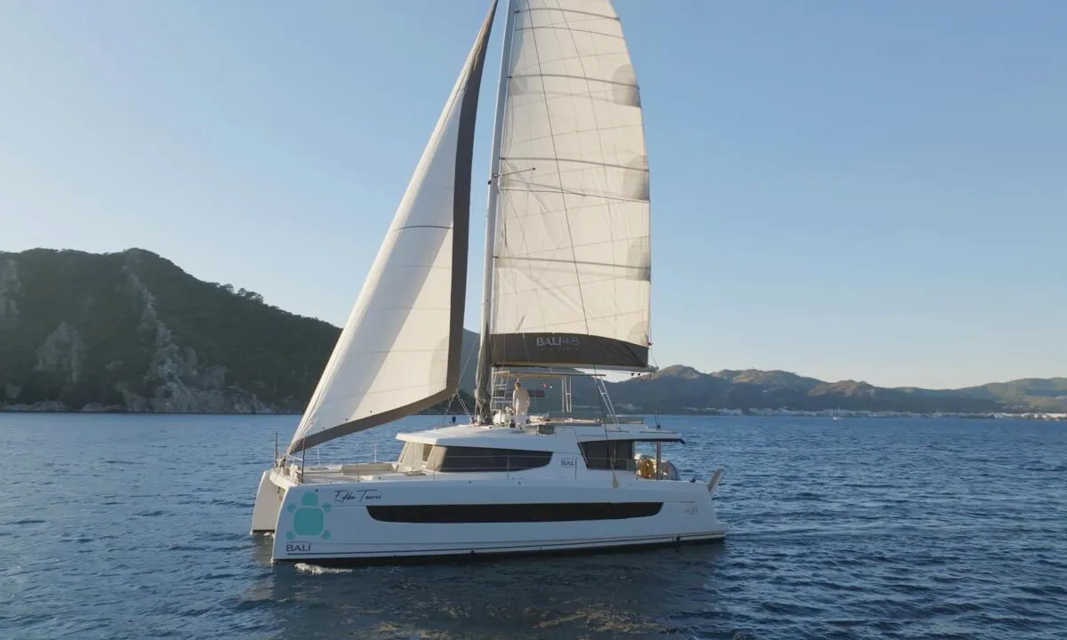 Exterior view of Ediba Taurus, a Bali 4.8 catamaran at Marmaris, Turkey