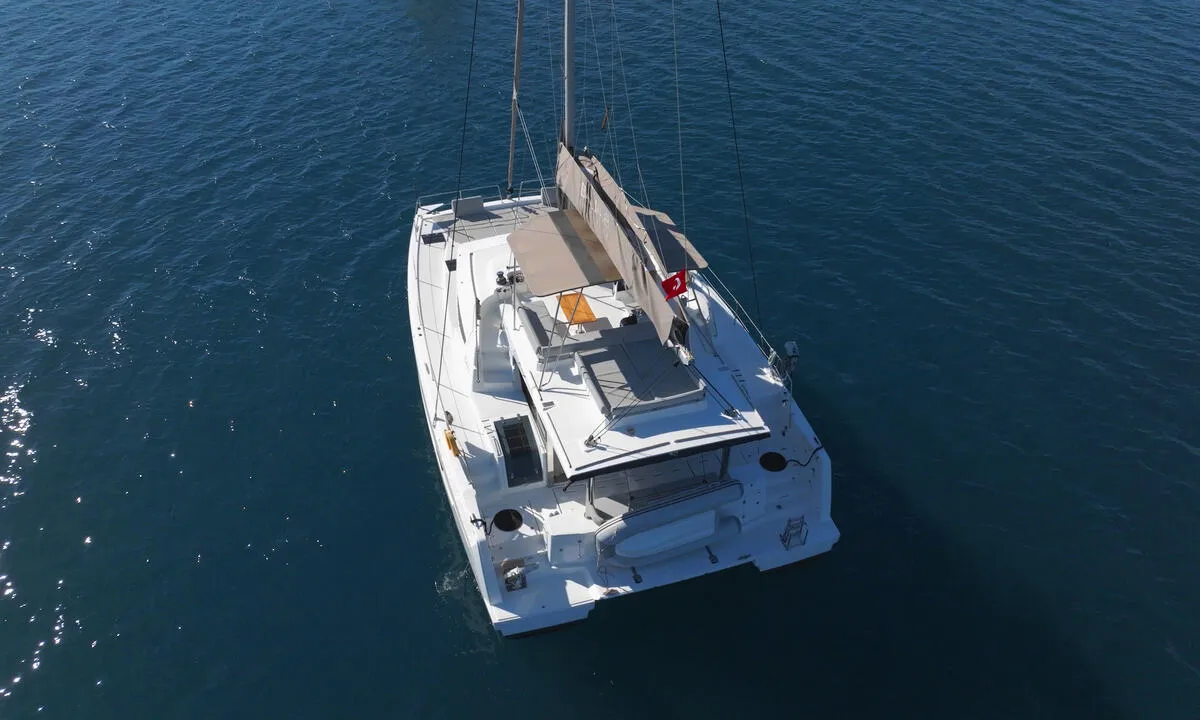 Exterior view of Ediba Taurus, a Bali 4.8 catamaran at Marmaris, Turkey