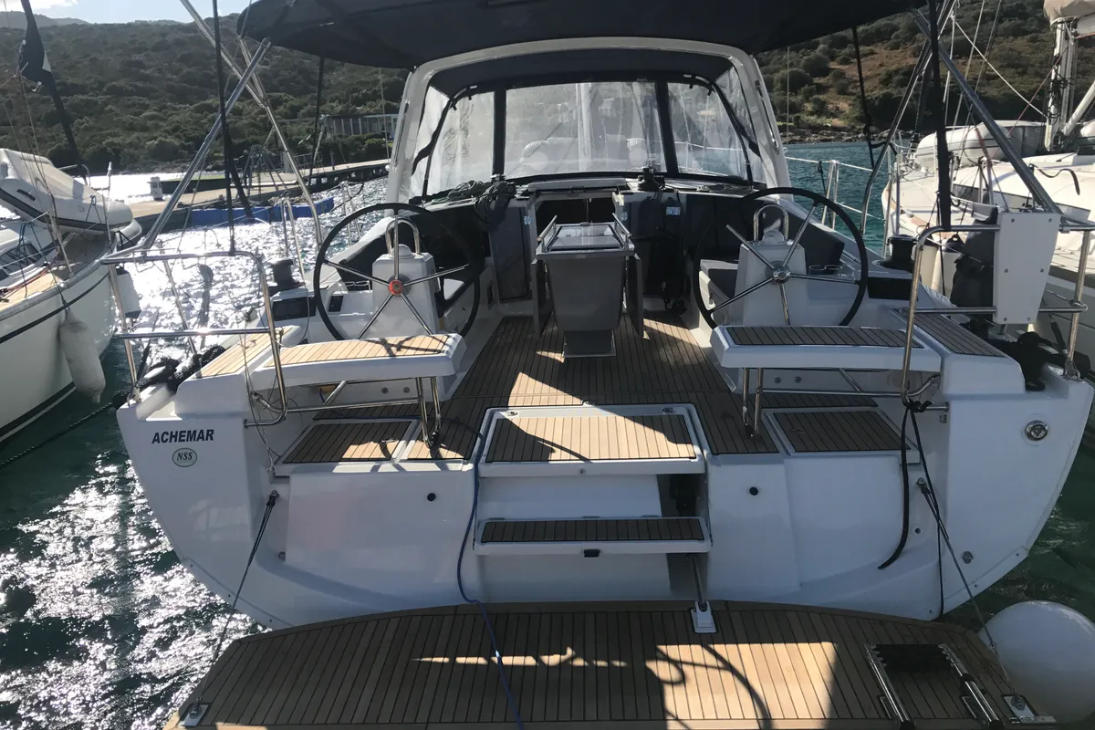 Cockpit of Achemar, a Beneteau Oceanis 41.1 sailboat at Tonnarella, Italy
