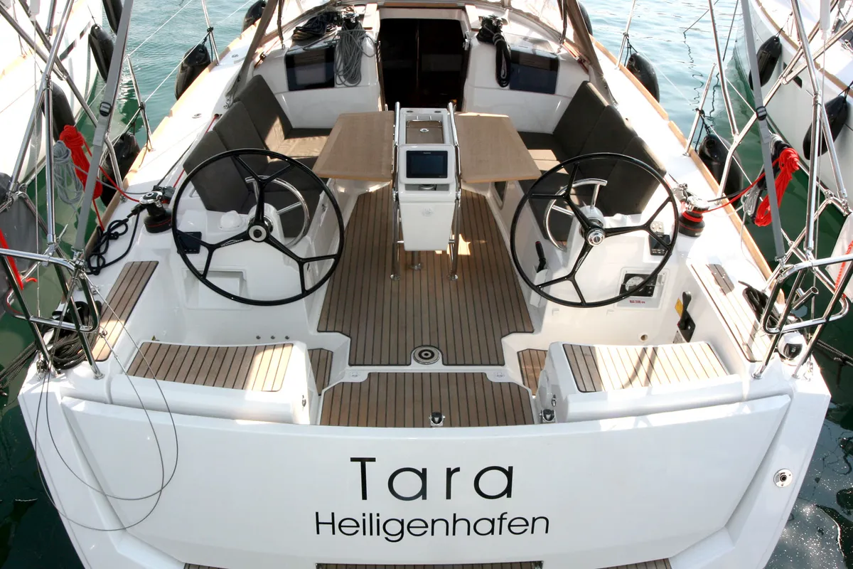 Cockpit of Tara, a Jeanneau Sun Odyssey 389 sailboat at Punat, Croatia