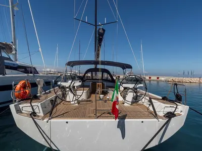Exterior view of Avalon, a Solaris 55 sailboat at Olbia, Italy