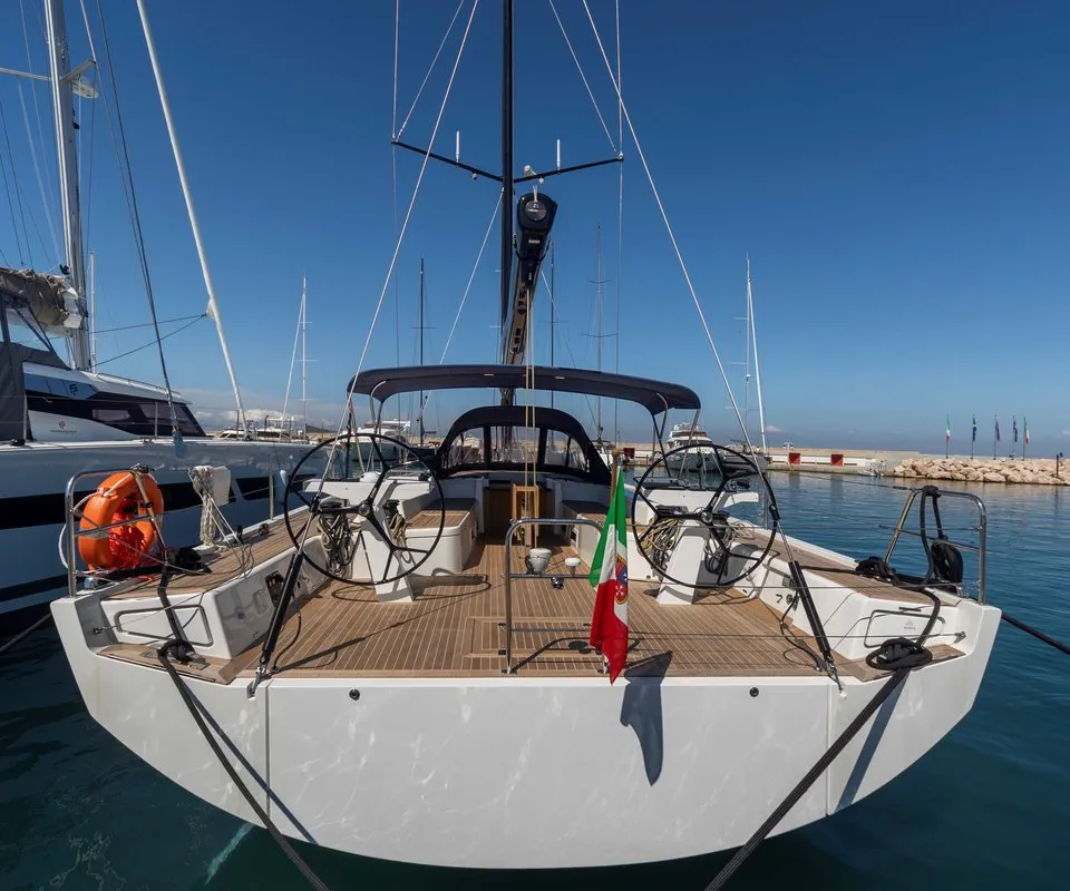 Exterior view of Avalon, a Solaris 55 sailboat at Olbia, Italy