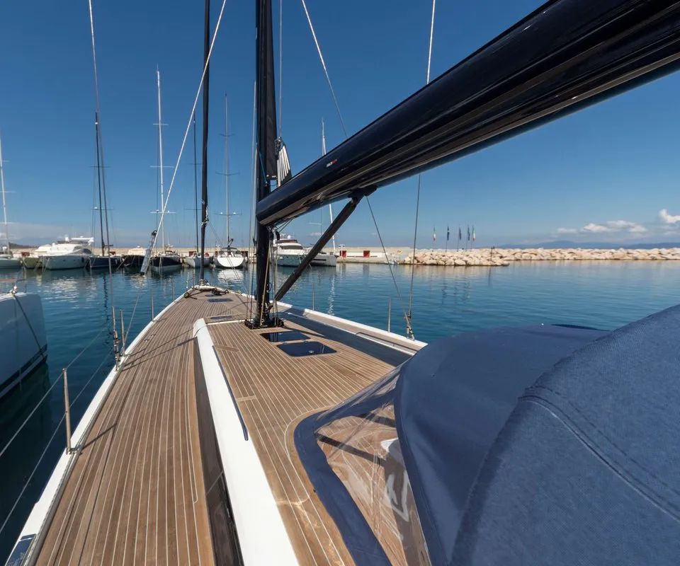 Deck of Avalon, a Solaris 55 sailboat at Olbia, Italy