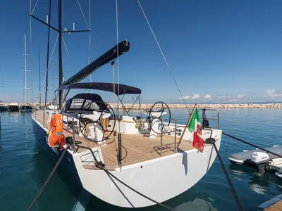 Exterior view of Avalon, a Solaris 55 sailboat at Olbia, Italy