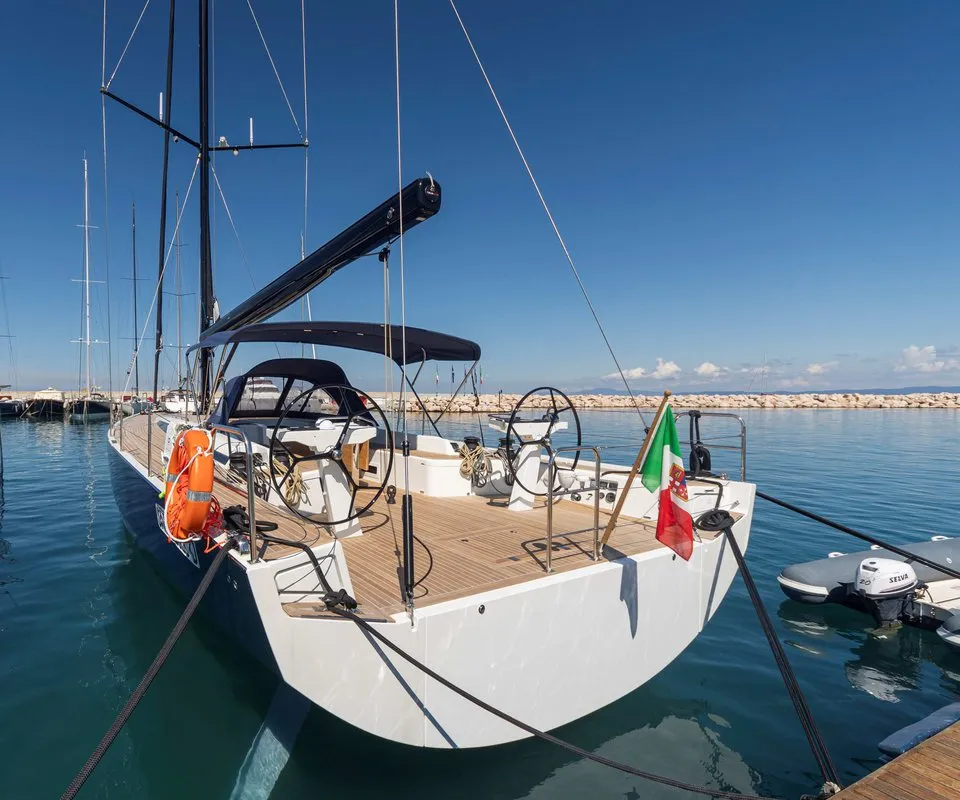 Exterior view of Avalon, a Solaris 55 sailboat at Olbia, Italy