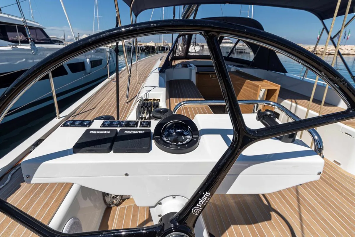 Cockpit of Avalon, a Solaris 55 sailboat at Olbia, Italy