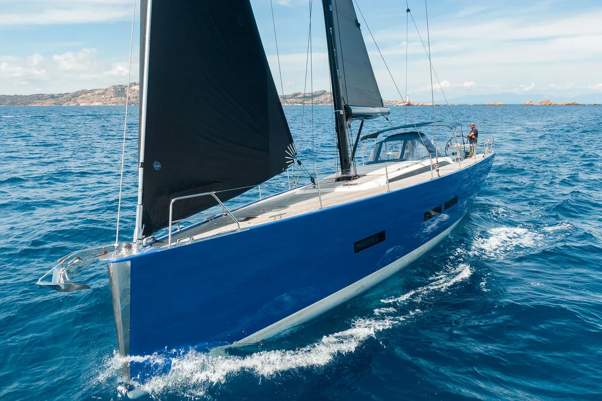 Exterior view of Avalon, a Solaris 55 sailboat at Olbia, Italy